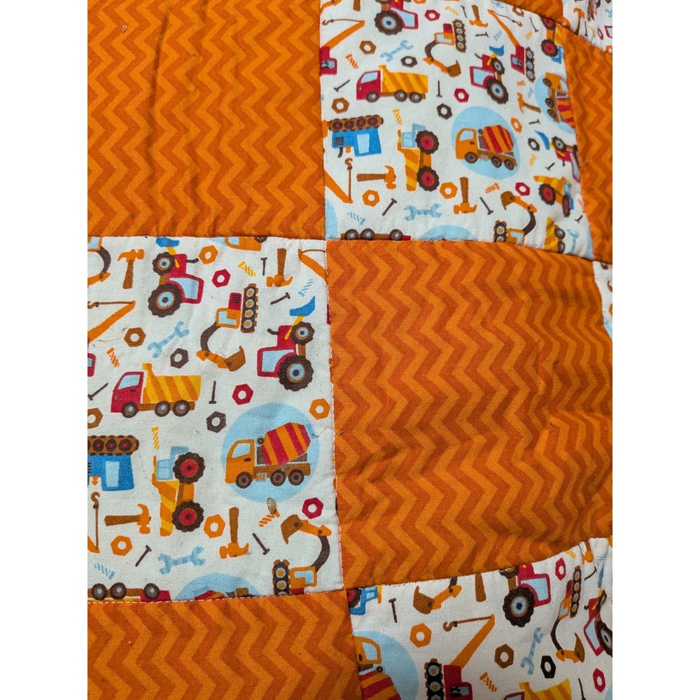 Handmade Kids Construction Vehicle Patchwork Quilt Orange Chevron Reversible